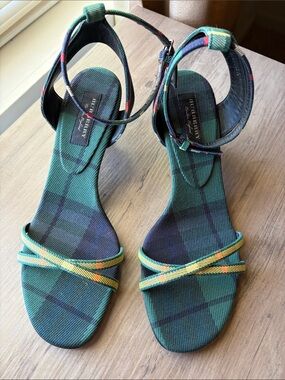 NWT Burberry Hansel Green Plaid Ankle-Strap Heels with Yellow Accent